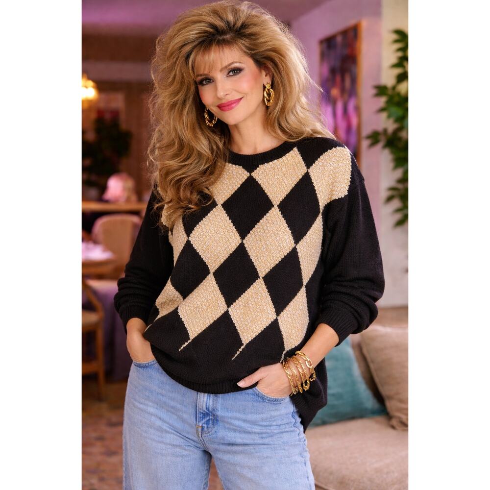 Ashleigh Morgan Argyle Sequin Sweater Black Gramdmacore Crew Neck Long Sleeve M